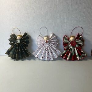 Festive Angel Handmade Ribbon Ornaments Set Of 3- Green, White, Red